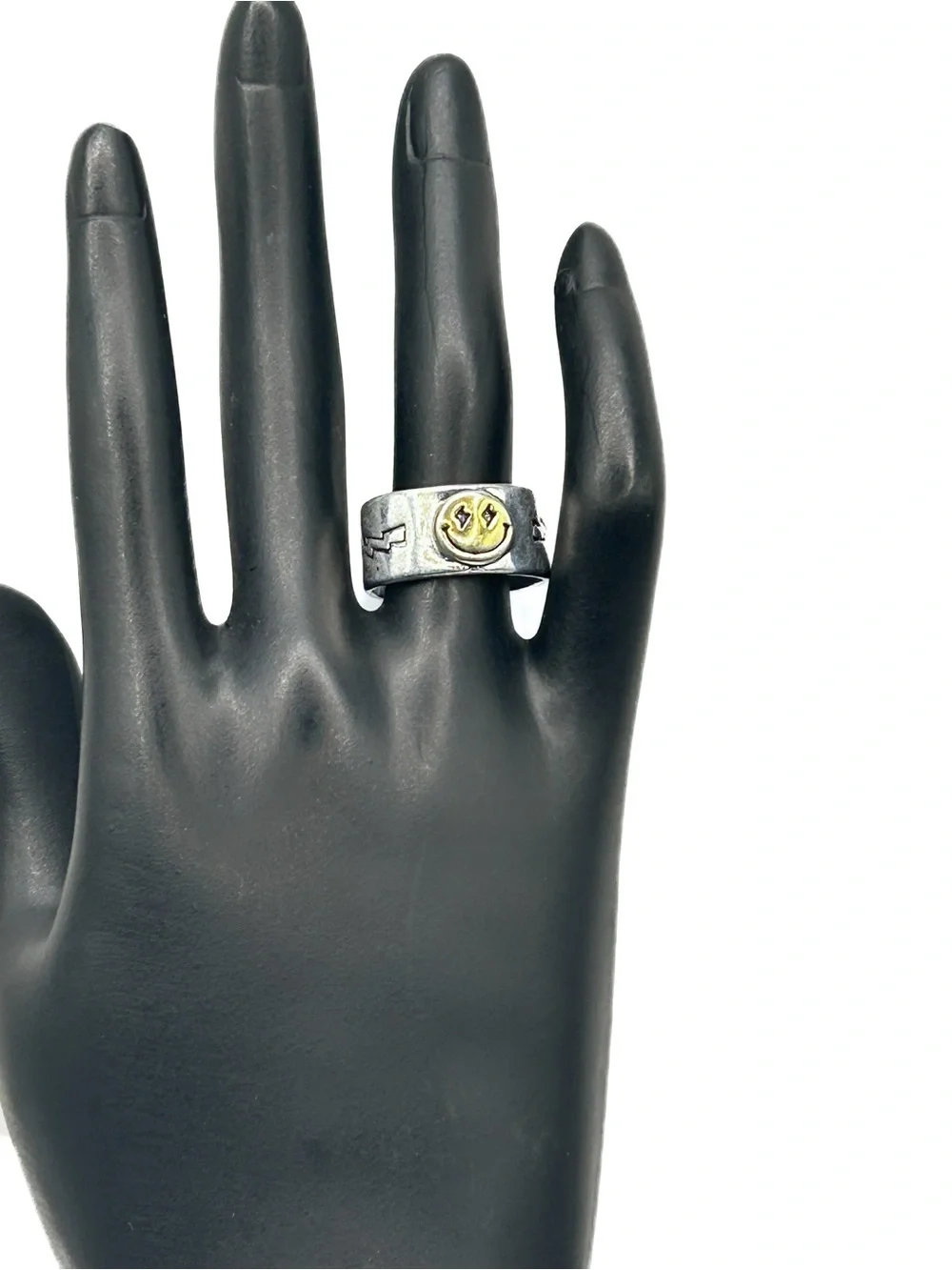 S925 Sterling Silver Smiley Face Adjustable Ring | Lightning Bolt Star Wide Band